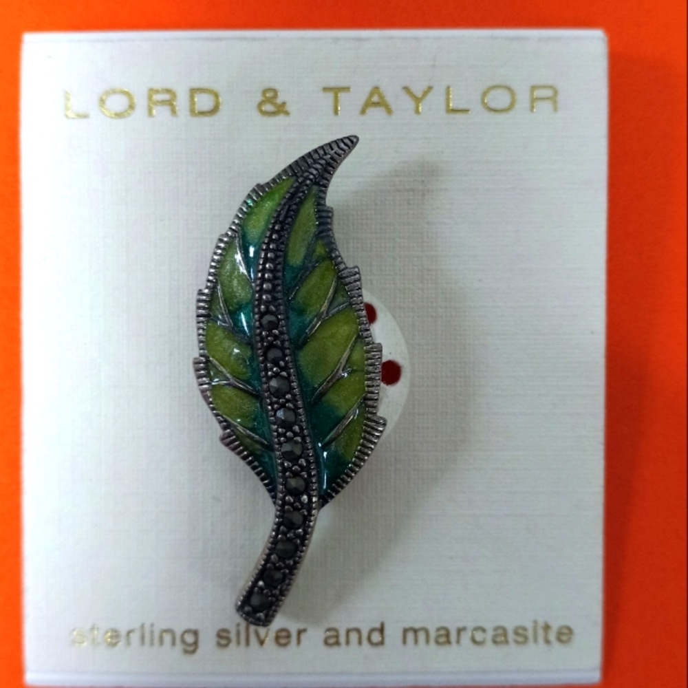 Lord & Taylor Antique Art Nouveau Sterling Silver & Green Marcasite Stone Leaf P